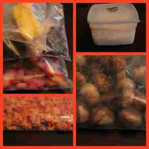 frozen fruit (mangos, blackberries, strawberries, frozen coconut milk, frozen carrots and frozen pretzel bites